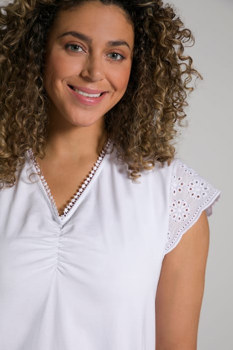 T-Shirt, Stickerei, A-Linie, V-Ausschnitt, Halbarm