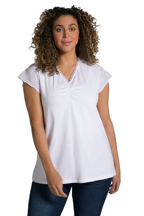 Tričko, výšivka, A střih, výstřih do V, krátké rukávy