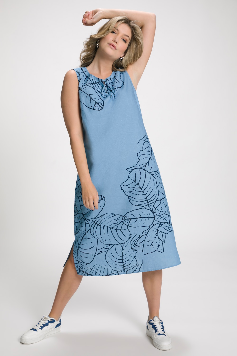 Plus Size Grand Leaf Placement Print Linen Blend Tank Dress, Woman, blue, size: 16, linen/cotton, Ulla Popken
