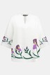 Embroidered Iris Open Stand-Up Collar Linen Shirt
