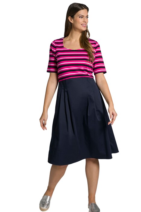 Midi šaty, proužky, A střih, srdcový výstřih, krátké rukávy