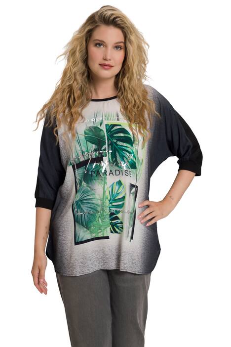 Tričko, listy, oversize, kulatý výstřih, 3/4 netopýří rukávy