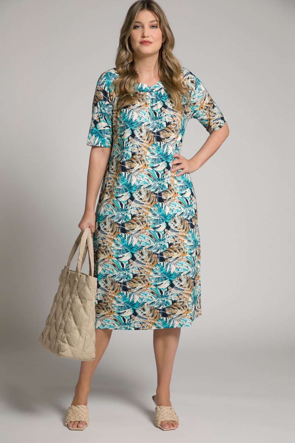 Plus Size Palm Print Dress, Woman, blue, size: 16/18, viscose, Ulla Popken