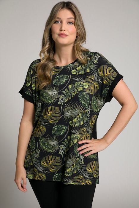 Mixed Fabric Jungle Palm Print Cold Shoulder Top