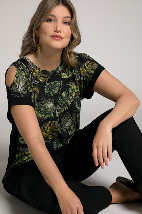 Mixed Fabric Jungle Palm Print Cold Shoulder Top