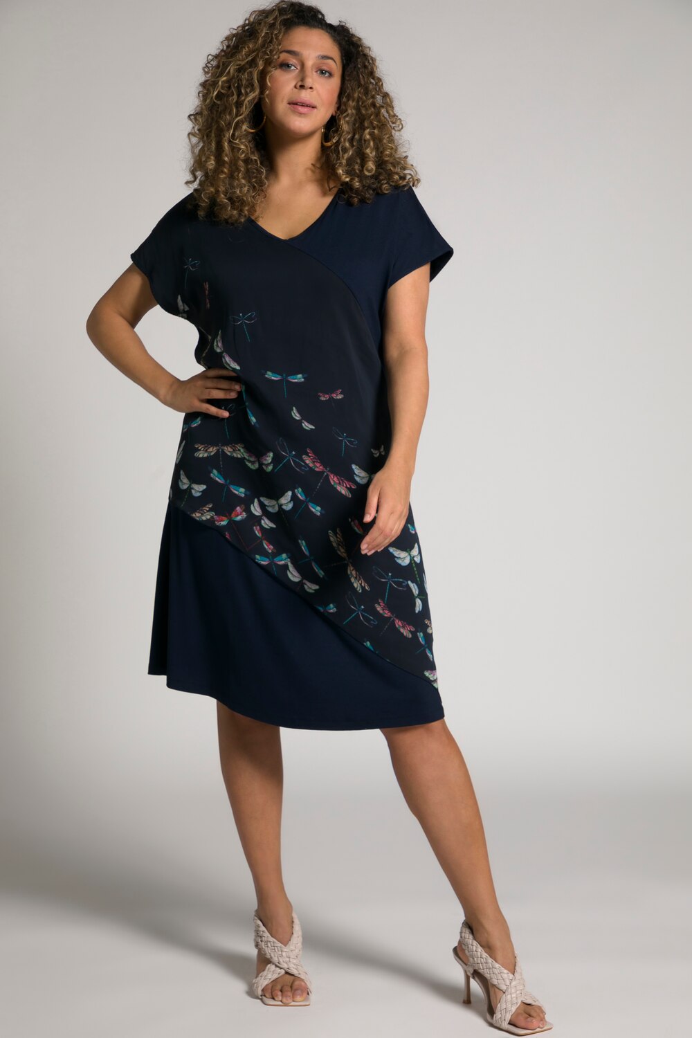 Plus Size Dragonfly Print Chiffon Layer Stretch Knit Tunic Dress, Woman, blue, size: 20/22, polyester/viscose, Ulla Popken