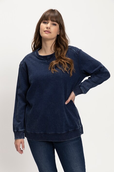 Quilted Shoulder Zipper Detail Prewashed Denim Look Sweatshirt