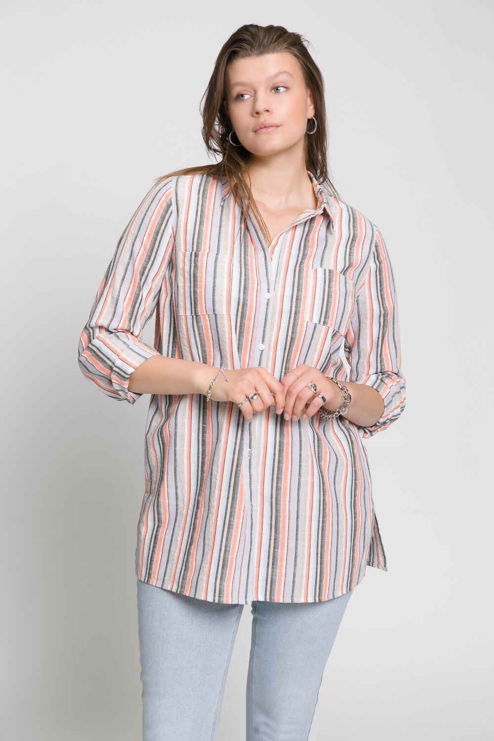 Grote Maten overhemdblouse, Dames, bruin, Maat: 50/52, Polyester/Katoen, Studio Untold