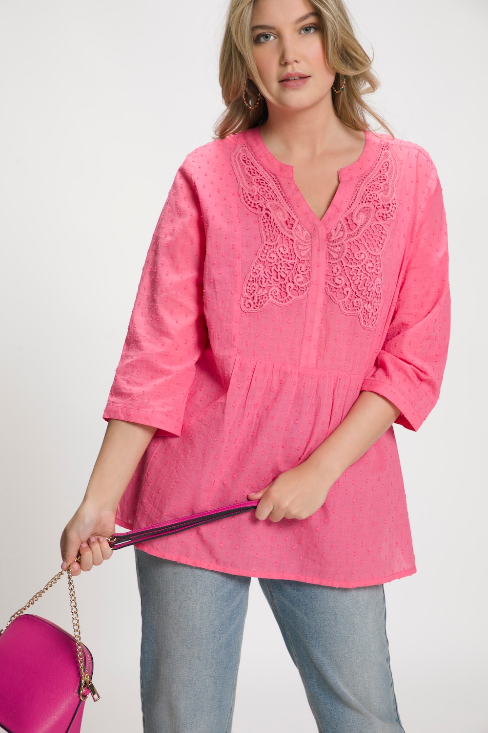 Plus Size Dotted Swiss Lace Applique Lightweight Blouse, Woman, pink, size: 16/18, cotton, Ulla Popken