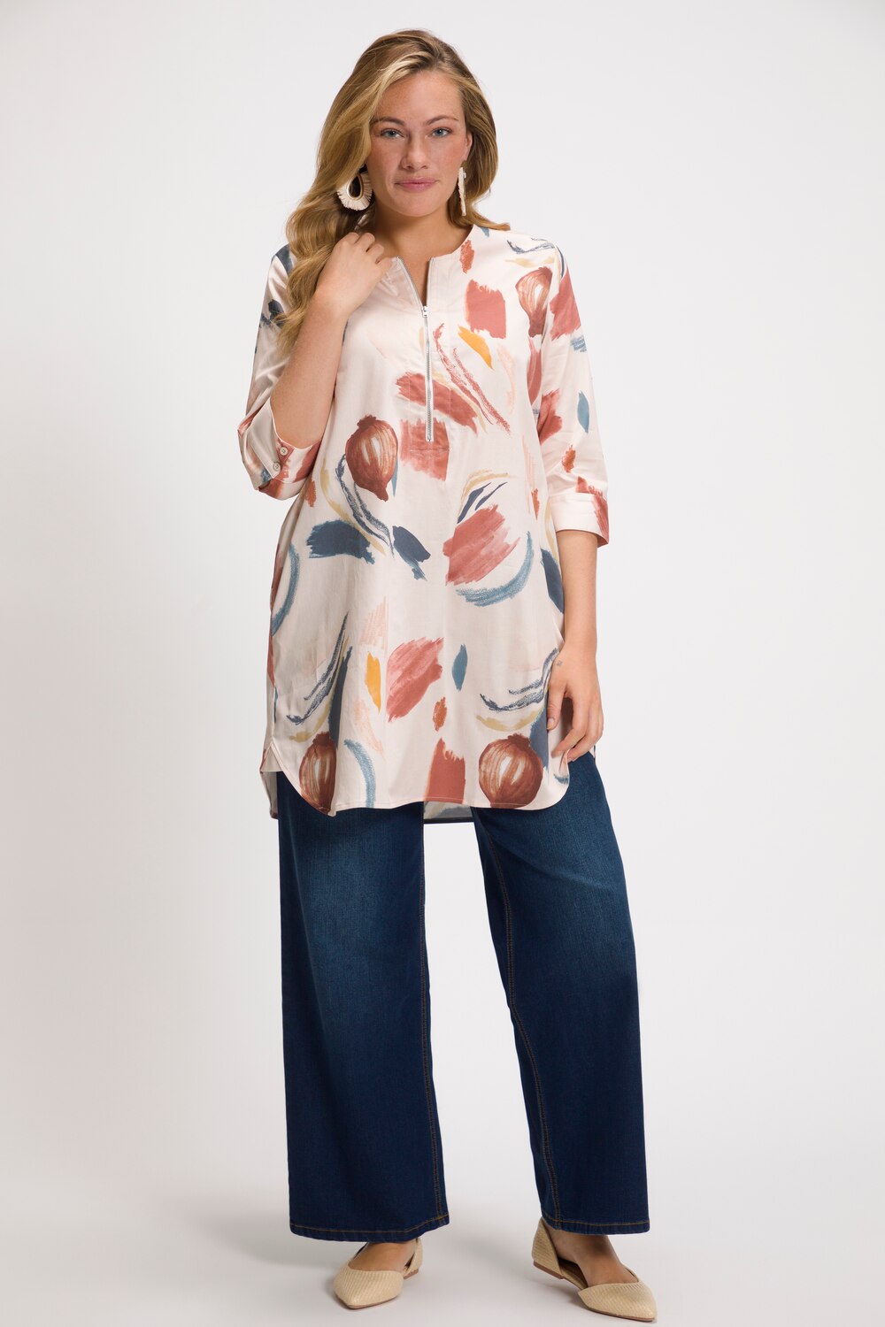 Grote Maten longline tuniek, Dames, beige, Maat: 46/48, Katoen, Ulla Popken