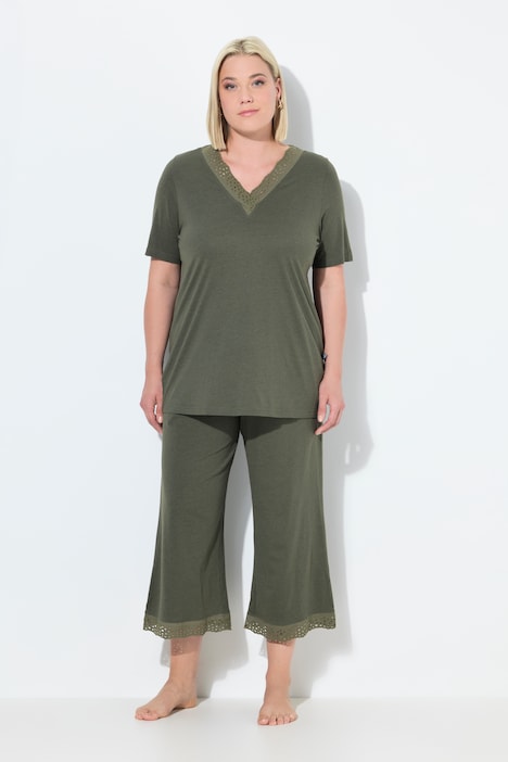 Eyelet Trim V-Neck Super Soft Cotton Blend Pajama Set