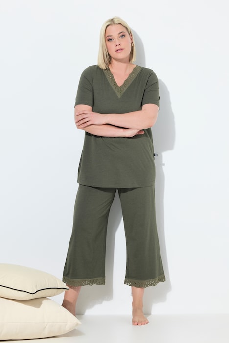 Eyelet Trim V-Neck Super Soft Cotton Blend Pajama Set