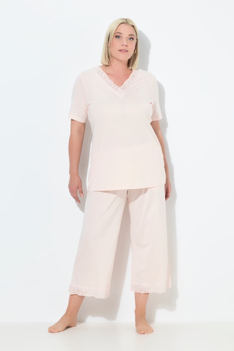 Eyelet Trim V-Neck Super Soft Cotton Blend Pajama Set