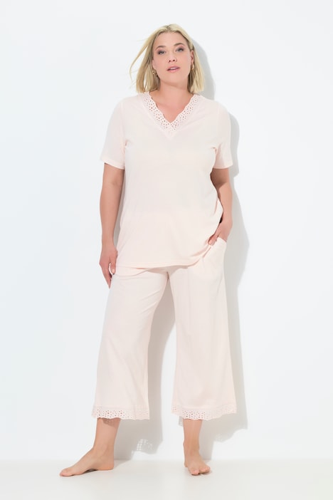 Eyelet Trim V-Neck Super Soft Cotton Blend Pajama Set