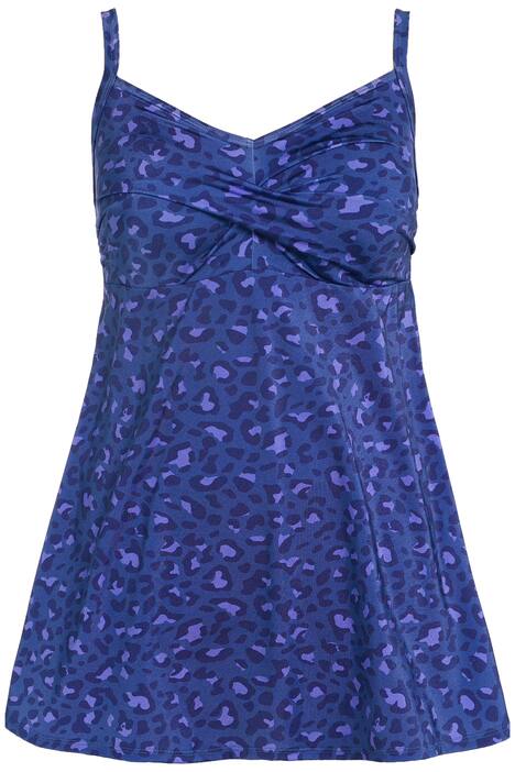 Plavkové šaty, leopardí vzor, měkké košíčky, řasené poprsí