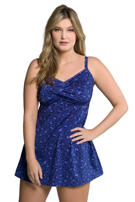 Plavkové šaty, leopardí vzor, měkké košíčky, řasené poprsí