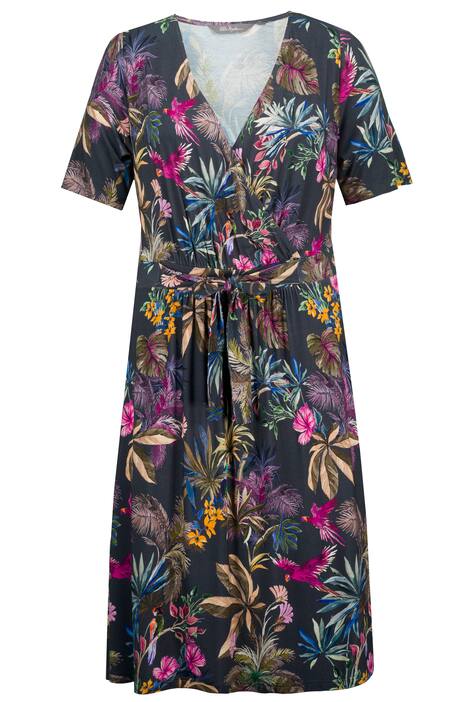 Midi šaty, džungle, zavinovací efekt, výstřih do V, krátké rukávy