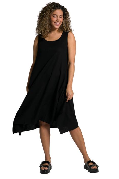 Lněné šaty, cípový lem, A střih, kulatý výstřih, bez rukávů