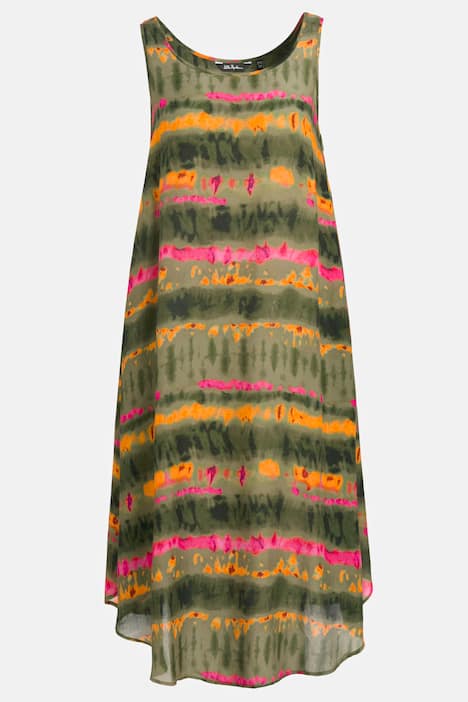 Midiklänning, batikränder, rund hals, ärmlös