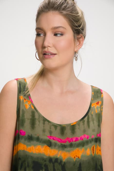 Midiklänning, batikränder, rund hals, ärmlös