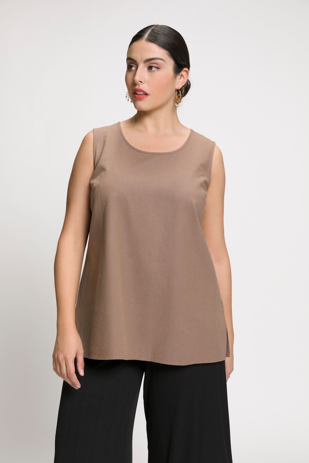 Plus Size Linen Blend Round Neck Tank Shirt, Woman, brown, size: 16/18, linen/viscose, Ulla Popken