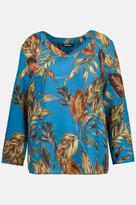 Leaf Print Linen V-Neck Long Sleeve Shirt, Tunics