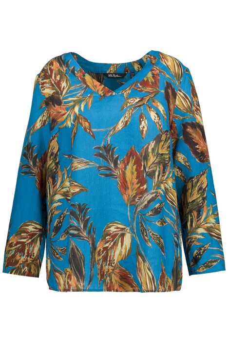 Lněná tunika, palmy, A střih, výstřih do V, dlouhé rukávy