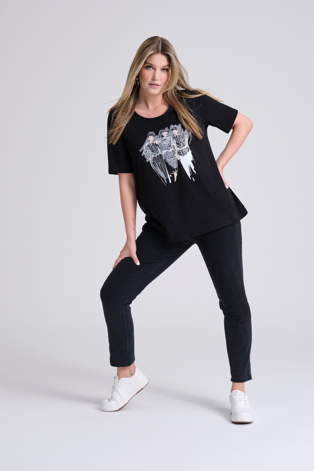 Grote Maten T-shirt, Dames, zwart, Maat: 46/48, Katoen, Ulla Popken
