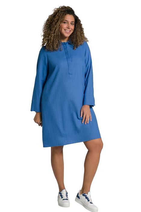 Lněné šaty, límeček, A střih, dlouhé rukávy