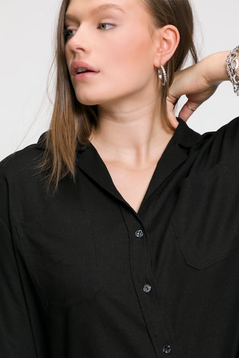 Bluse, oversized, Leinen-Mix, Reverskragen, Halbarm
