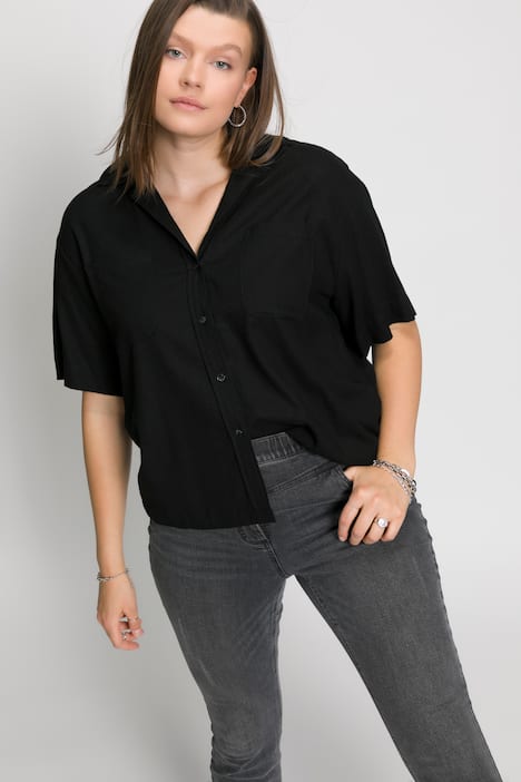 Bluse, oversized, Leinen-Mix, Reverskragen, Halbarm