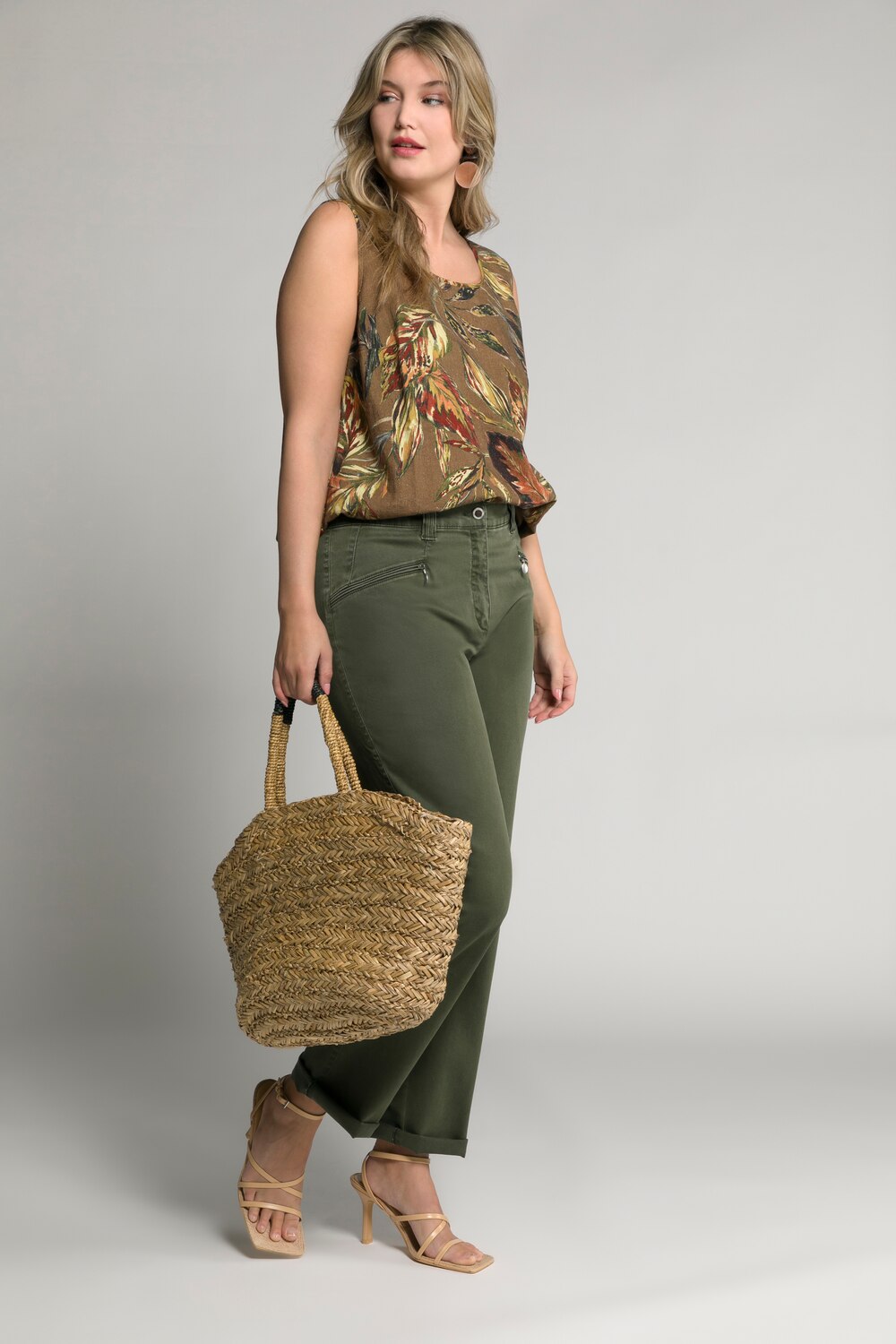 Plus Size Leaf Print Round Neck Linen Blend Tank Shirt, Woman, brown, size: 16/18, linen/viscose, Ulla Popken