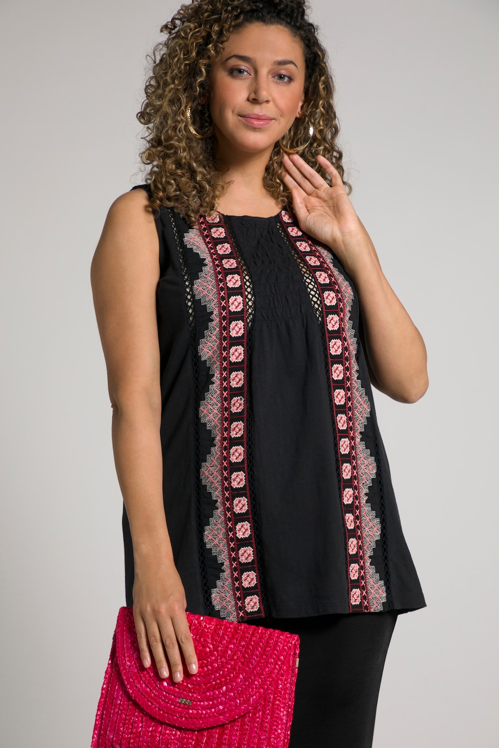 Plus Size Charming Details Embroidery Cotton Knit Tank, Woman, black, size: 16/18, cotton, Ulla Popken