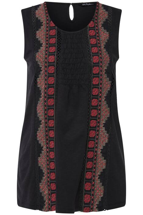 Top, výšivka, mačkaná látka na poprsí, kulatý výstřih, bez rukávů