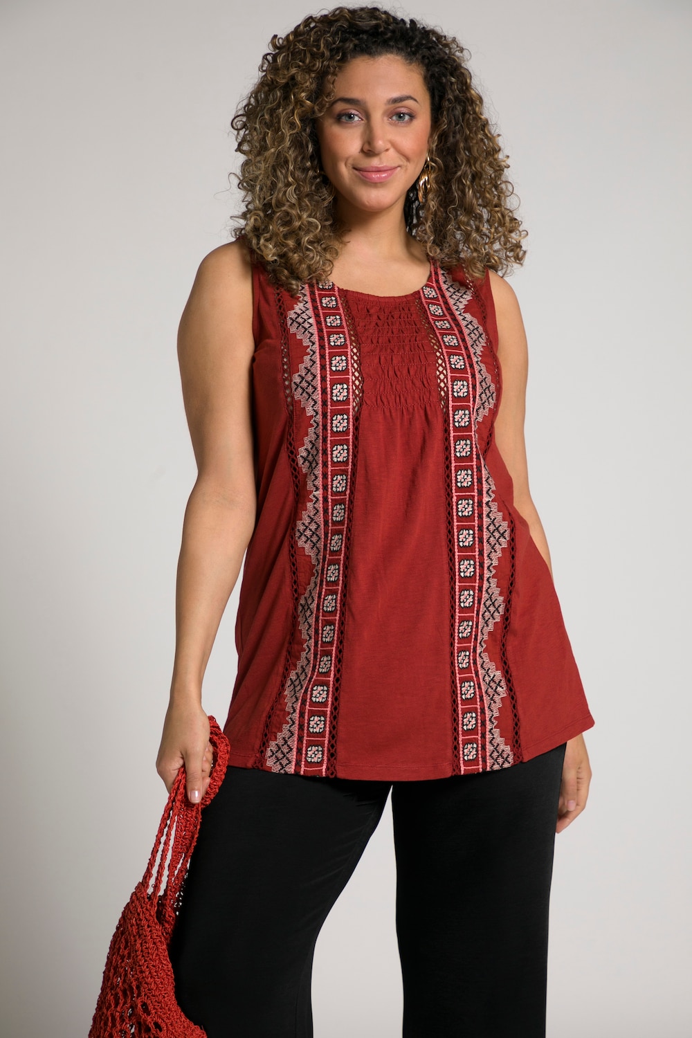 Plus Size Charming Details Embroidery Cotton Knit Tank, Woman, red, size: 20/22, cotton, Ulla Popken