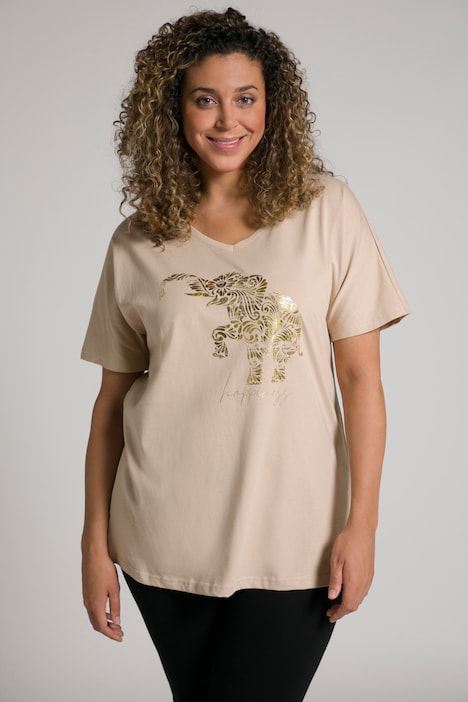 T-Shirt, Elefant, Oversized, V-Ausschnitt, Halbarm