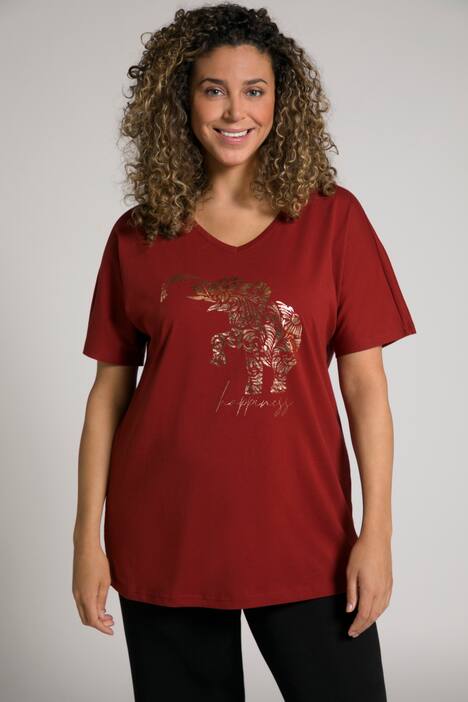 T-shirt ze słoniem, oversized, dekolt w szpic, krótki rąkaw