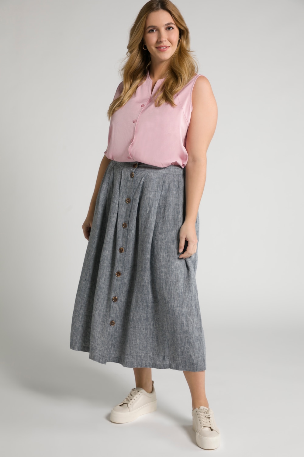 Grote Maten linne rok, Dames, blauw, Maat: 42/44, Linnen, Ulla Popken