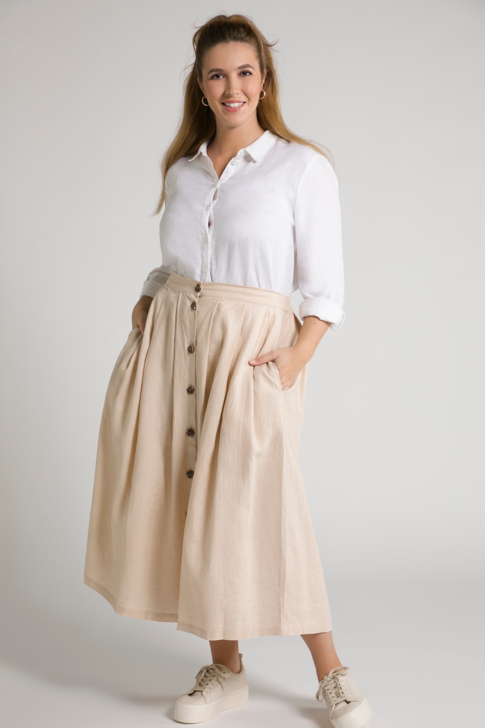 Grote Maten linne rok, Dames, beige, Maat: 58/60, Linnen, Ulla Popken