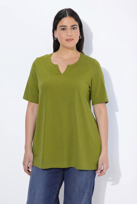 T-shirt, krój trapezowy, dekolt tunikowy, rękaw 1/2