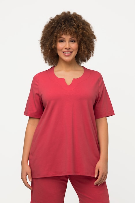 Ulla Popken T-Shirt Donna A Linea – Scollo A Tunica, Mezza Manica, Colore Blu Cobalto – 95% Cotone 5% Elastan