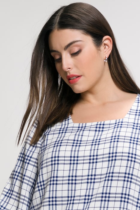 Bluse, Karo, Rundhals, Trompeten-Halbarm