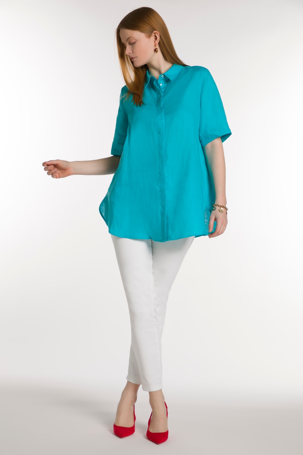 Grote Maten linnen blouse, Dames, turquoise, Maat: 50/52, Linnen, Ulla Popken