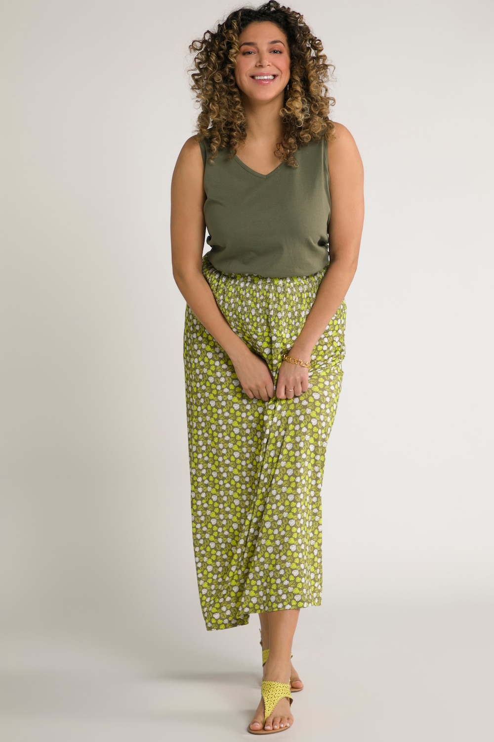 Plus Size Palm Leaf Print Smocked Top Stretch Knit Maxi Skirt, Woman, green, size: 16/18, viscose, Ulla Popken