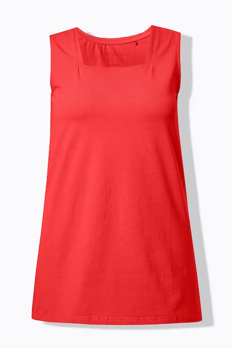 Długi top, klasyczny krój, dekolt karo, bez rękawów