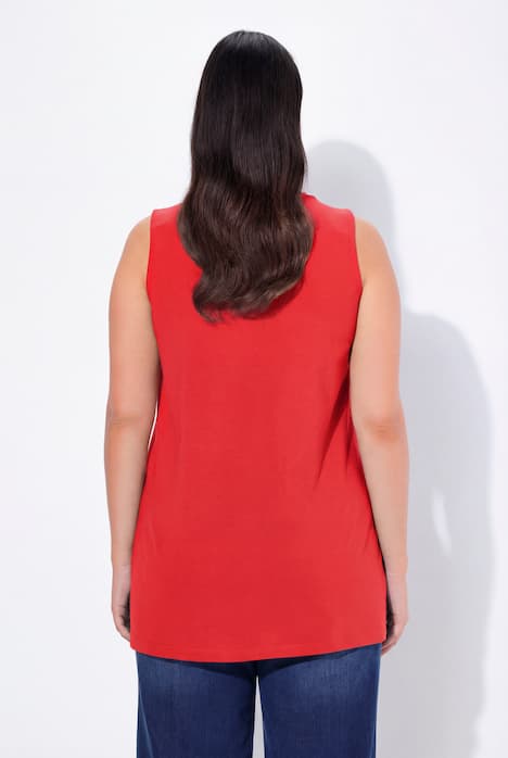 Długi top, klasyczny krój, dekolt karo, bez rękawów