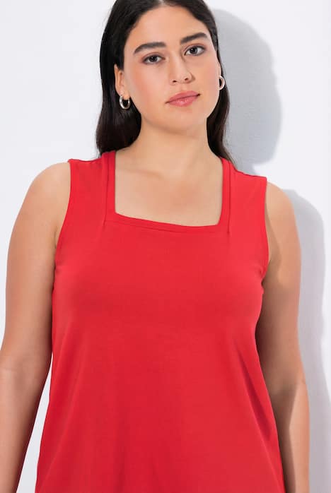 Długi top, klasyczny krój, dekolt karo, bez rękawów