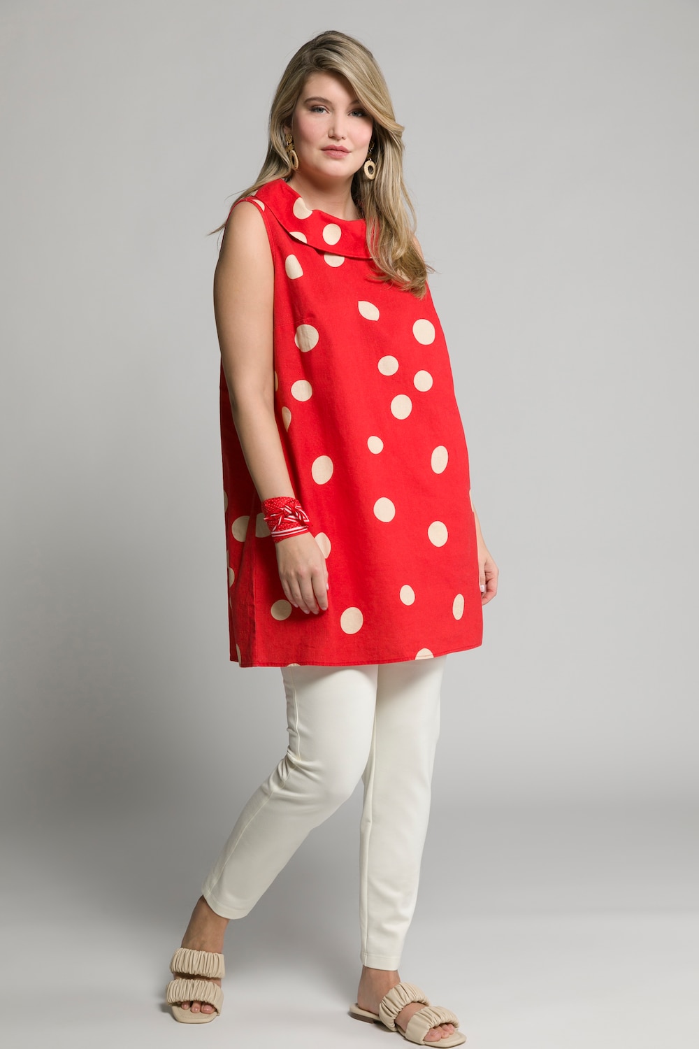 Plus Size Egg Dot Print Linen Blend Tank Tunic Blouse, Woman, red, size: 16/18, linen/cotton, Ulla Popken