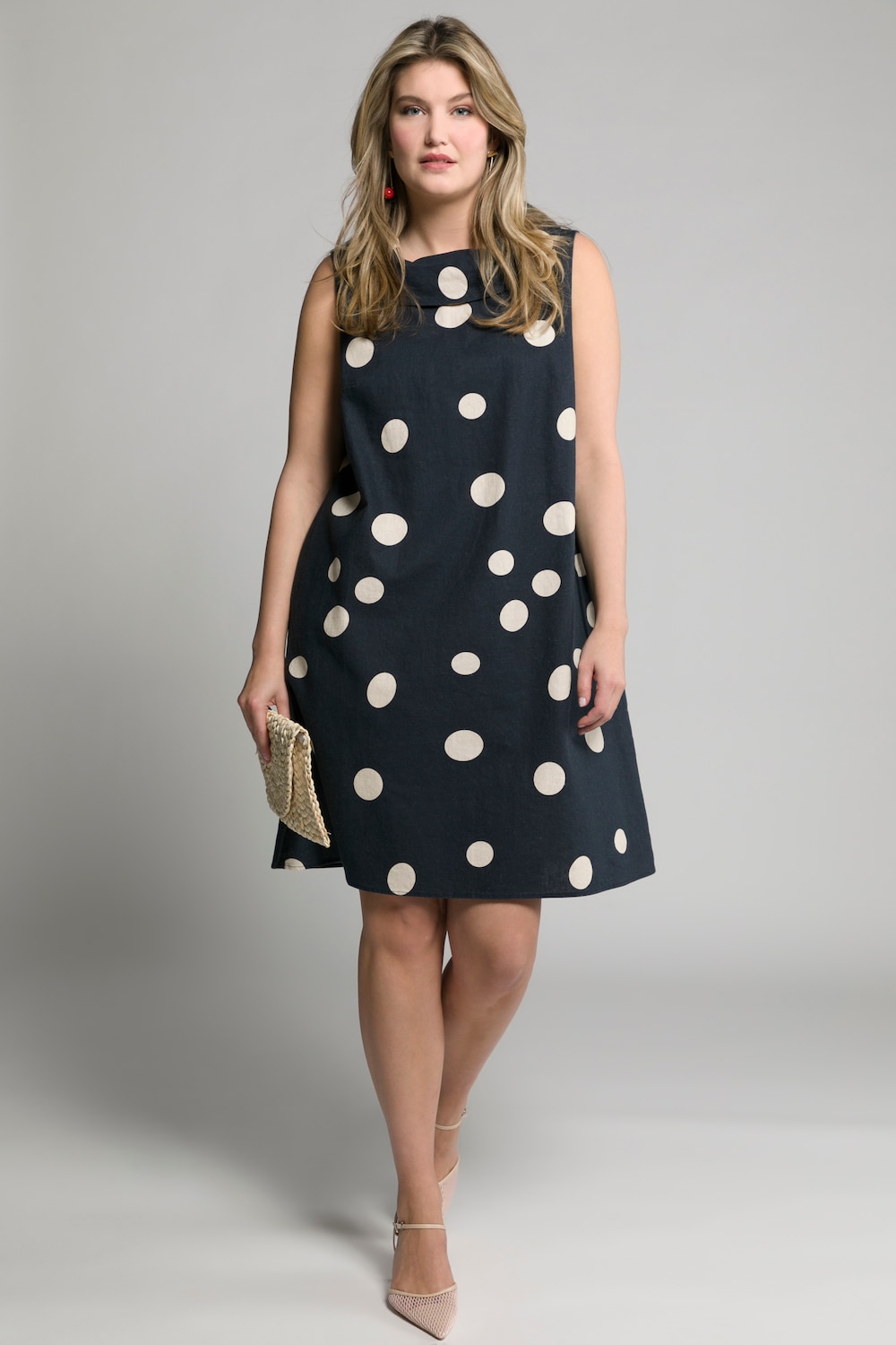 Plus Size Egg Dot Print Linen Blend Tank Dress, Woman, blue, size: 32/34, linen/cotton, Ulla Popken