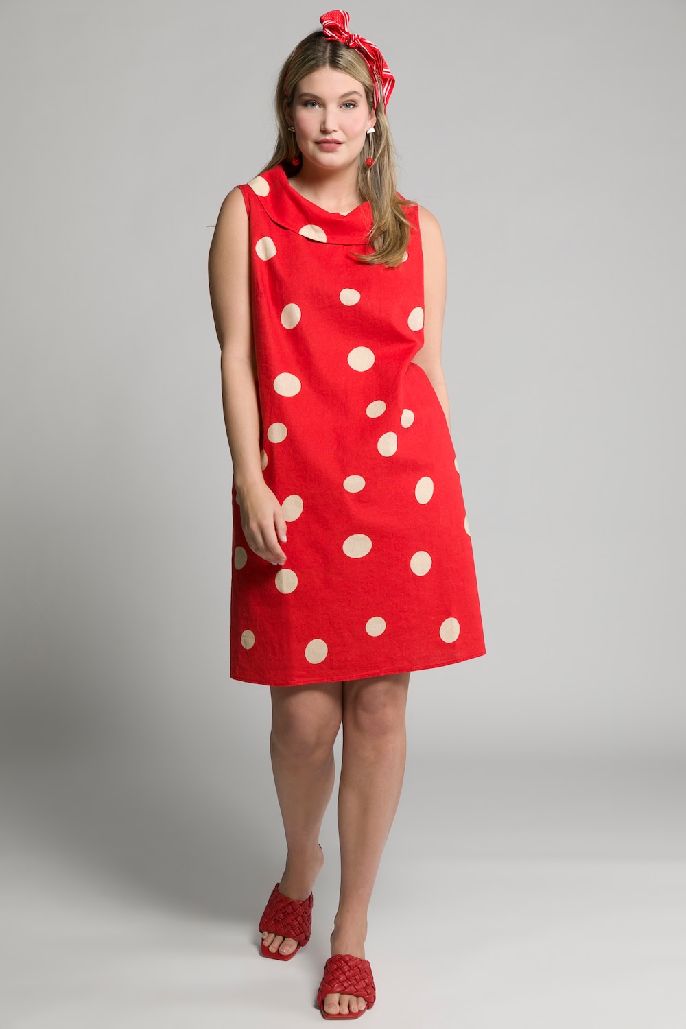 Plus Size Egg Dot Print Linen Blend Tank Dress, Woman, red, size: 16/18, linen/cotton, Ulla Popken